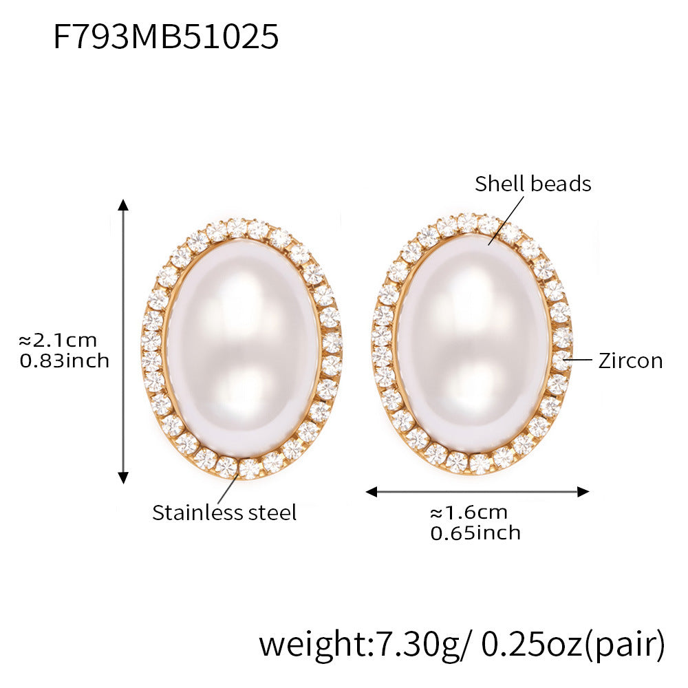 Stainless Steel Oval Pearl Zircon Earrings – Elegant Minimalist Drop Earrings for Women | High-End Fashion Jewelry