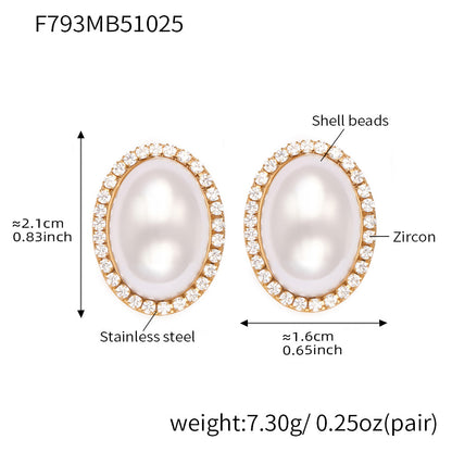 Stainless Steel Oval Pearl Zircon Earrings – Elegant Minimalist Drop Earrings for Women | High-End Fashion Jewelry