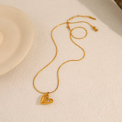 18K Gold Plated Titanium Steel Heart Crystal Pendant Necklace - Simple Fashion Jewelry