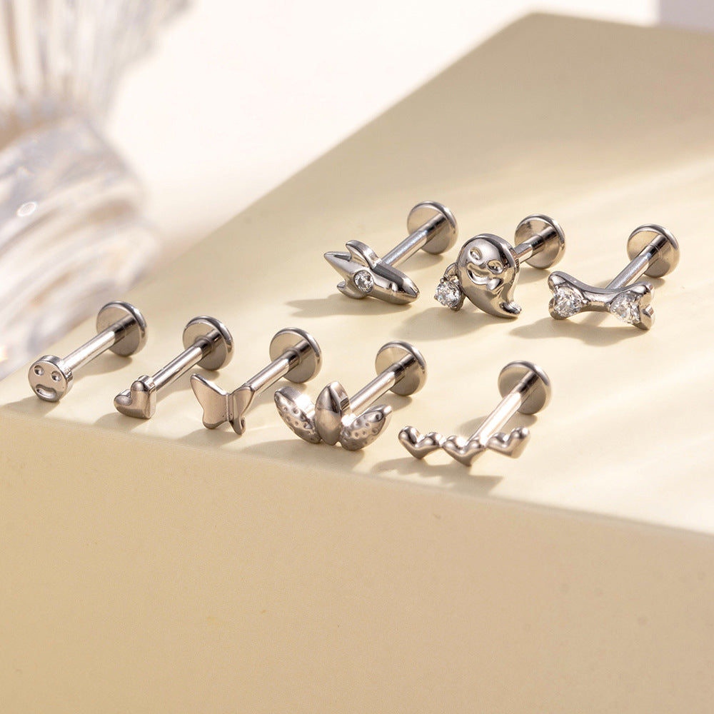 F136 Titanium Internally Threaded Cartilage Stud – Heart, Butterfly, Rocket, Bone, Smiley Face Designs | Hypoallergenic Piercing Jewelry