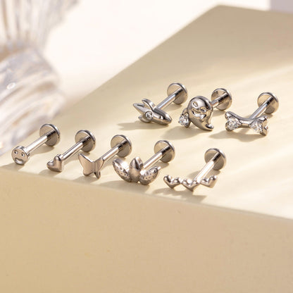F136 Titanium Internally Threaded Cartilage Stud – Heart, Butterfly, Rocket, Bone, Smiley Face Designs | Hypoallergenic Piercing Jewelry