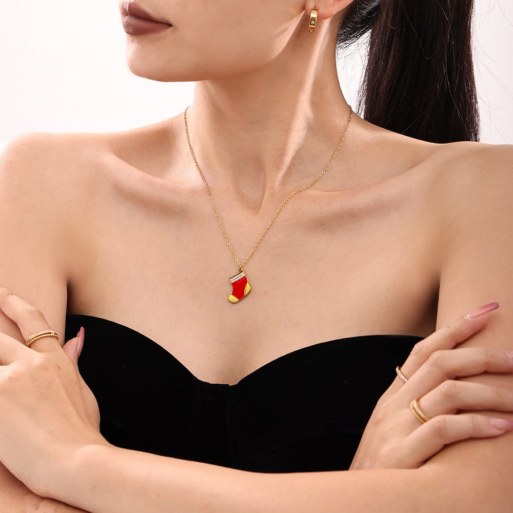 Gold Stainless Steel Christmas Red Sock Pendant Necklace | Festive Holiday Zircon Jewelry Gift