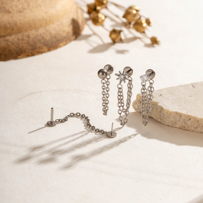 Implant Grade G23 ASTM F136 Titanium Geometric Tassel Chain Ear Stud | Push Pin Flat Back 16G Cartilage Jewelry