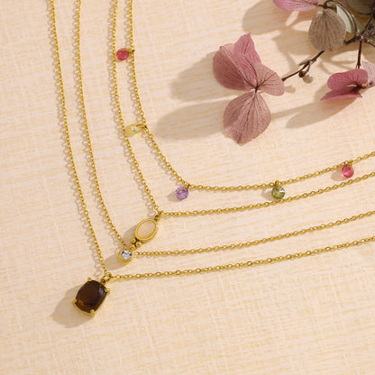 18K Gold Plated Stainless Steel Oval & Round Crystal Pendant Necklace | Colorful Zircon & Rose Quartz Jewelry for Women