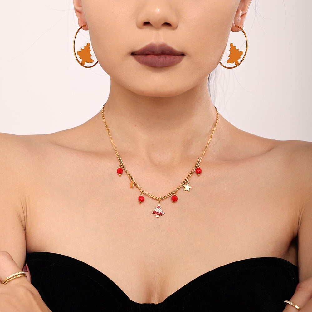 Christmas Tree Garnet Oil Drop Zircon Necklace & Bracelet Set | Layered Stainless Steel Holiday Jewelry