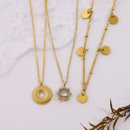 18K Gold Plated Stainless Steel Crystal Flower, Circle & Disc Pendant Necklaces – Elegant High-End Jewelry Collection