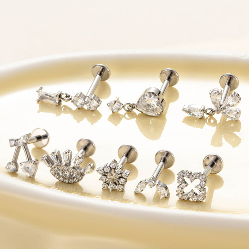 Titanium Internally Threaded Square CZ Cartilage Stud – Flat Back Piercing Jewelry for Helix, Tragus, Conch