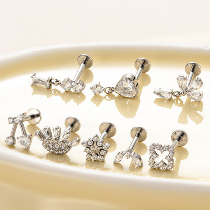 Titanium Internally Threaded Square CZ Cartilage Stud – Flat Back Piercing Jewelry for Helix, Tragus, Conch