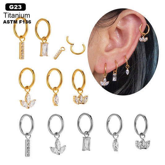 Titanium Zirconia Dangle Piercing Earrings – One-Piece Clasp Design for Earlobe & Cartilage
