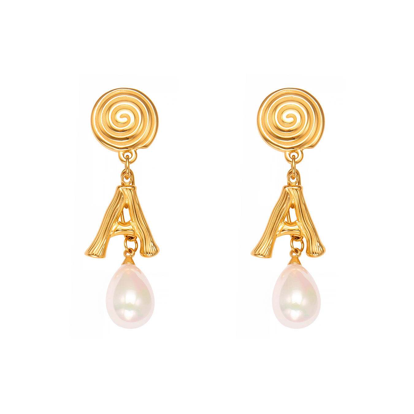 Stainless Steel Letter A Pearl Drop Earrings – Spiral Circle Design | Elegant Statement Earrings for Women
