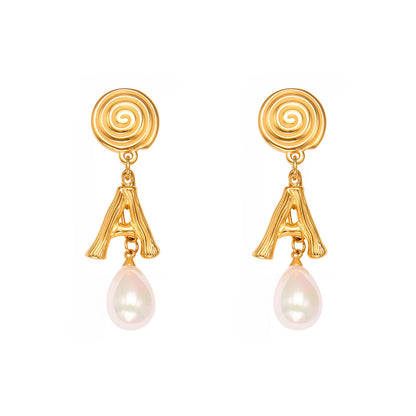 Stainless Steel Letter A Pearl Drop Earrings – Spiral Circle Design | Elegant Statement Earrings for Women