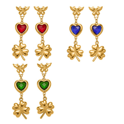 3D Butterfly & Clover Dangle Earrings with Heart Cubic Zirconia | Fashion Drop Earrings Set