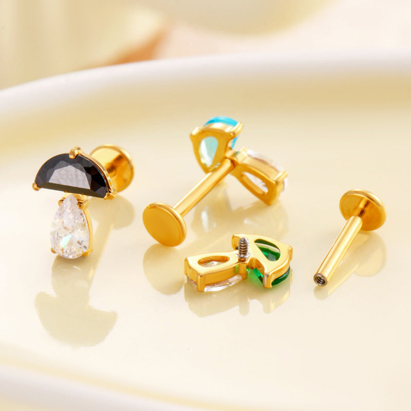 F136 Titanium Waterdrop Zircon Mushroom Labret Stud | Internally Threaded Cartilage Piercing Jewelry in Gold & Silver