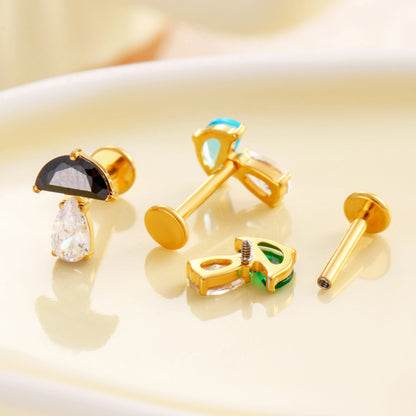 F136 Titanium Waterdrop Zircon Mushroom Labret Stud | Internally Threaded Cartilage Piercing Jewelry in Gold & Silver