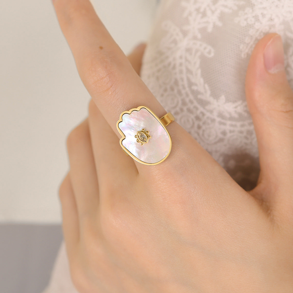 18K Gold Plated Stainless Steel Evil Eye Bracelet & Ring Set – Shell and Crystal Inlay | Fashion Protection Jewelry