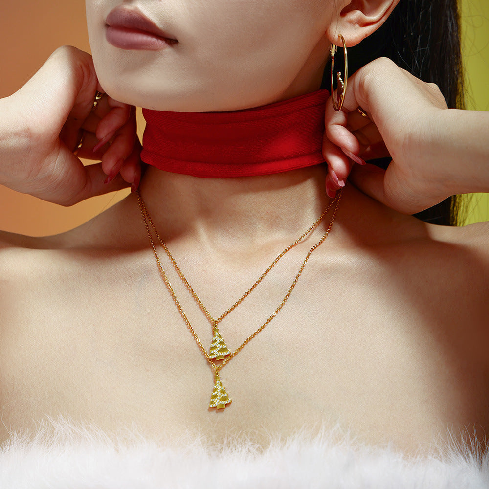 Gold Stainless Steel Christmas Tree Pendant Necklace with Zircon – Elegant Holiday Jewelry Gift