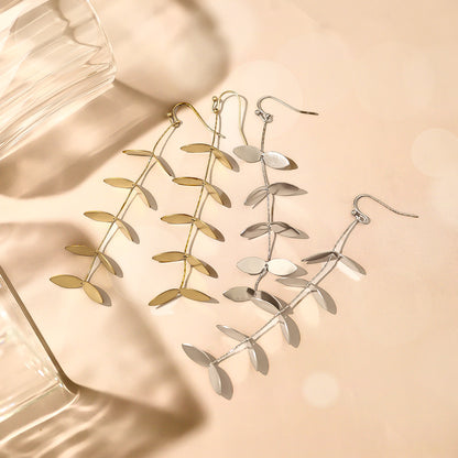 Leaf Tassel Drop Earrings – Stainless Steel Elegant Lightweight Dangle Earrings for Women