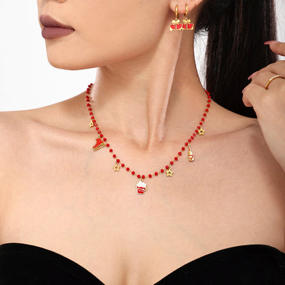 Christmas Ice Skate Star Champagne Pendant Enamel Necklace & Bracelet Set – Gold Plated Stainless Steel Festive Jewelry