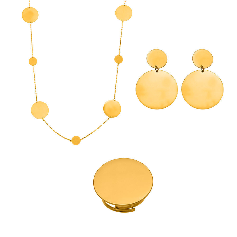 Stainless Steel Long Pendant Sweater Necklace, Drop Earrings & Ring Set – Gold Minimalist Round Disc Jewelry