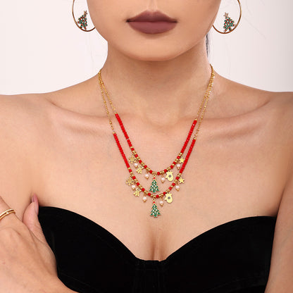 Gold Stainless Steel Christmas Tree Star Snowflake Pendant Necklace | Festive Zircon Holiday Jewelry Gift