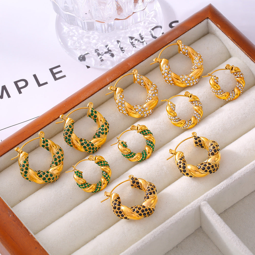 U-Shaped Stainless Steel Twisted Rhinestone Hoop Earrings | Modern Elegant Fashion Jewelry