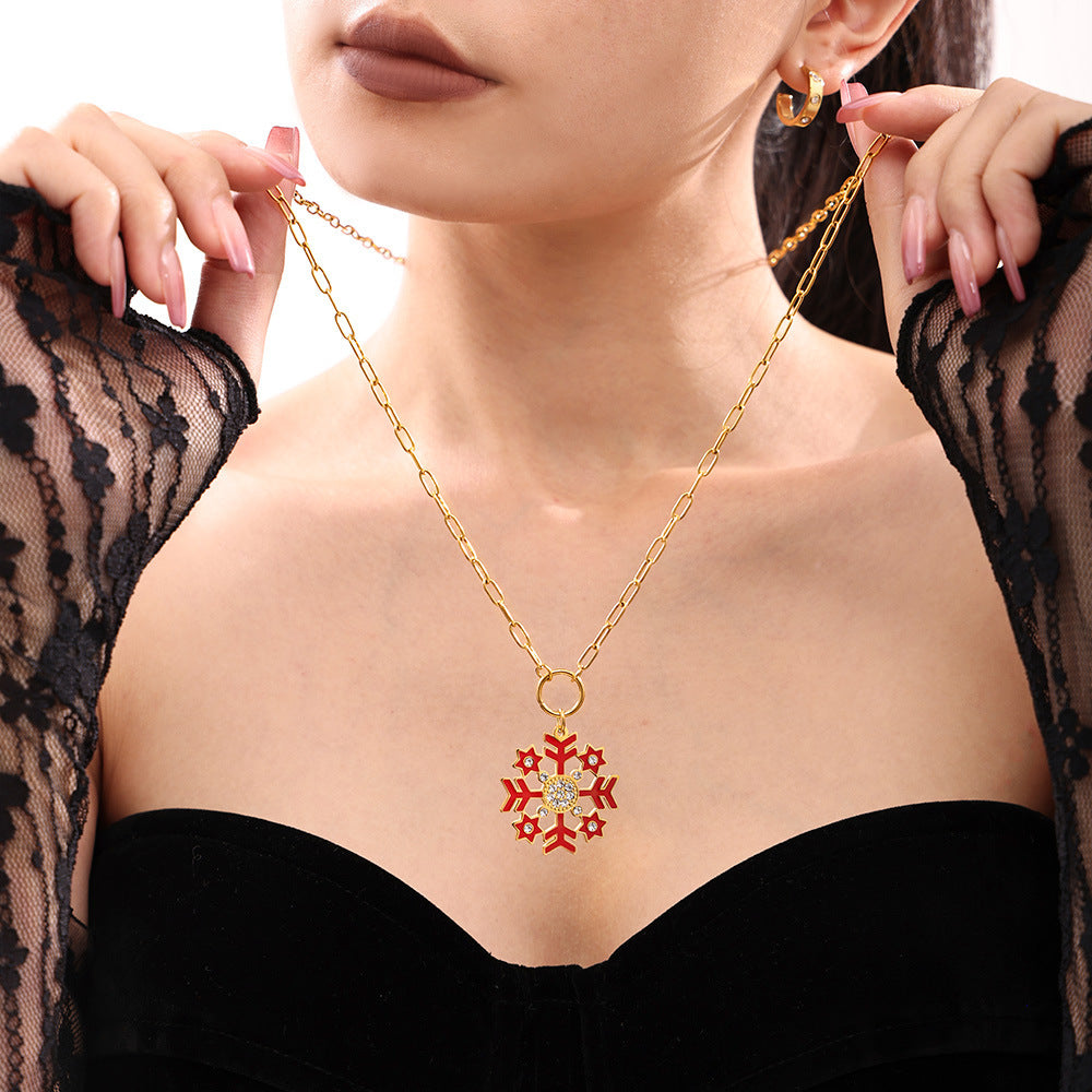 Gold Stainless Steel Christmas Snowflake Long Necklace – White, Green & Red Enamel Pendant Holiday Jewelry