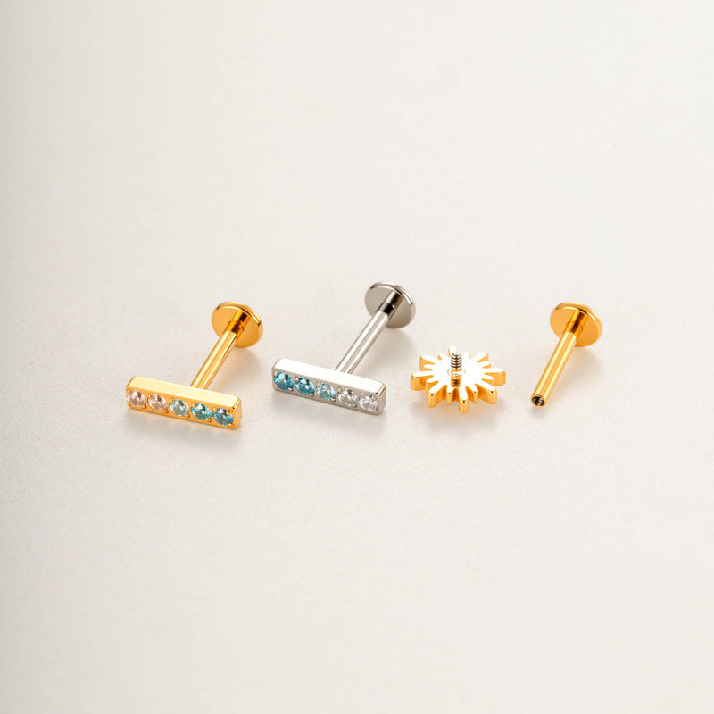 G23/F136 Titanium Colorful CZ Flower & Geometric Flat Back Labret Studs | Hypoallergenic Internally Threaded Piercing Jewelry for Ear, Lip, Cartilage