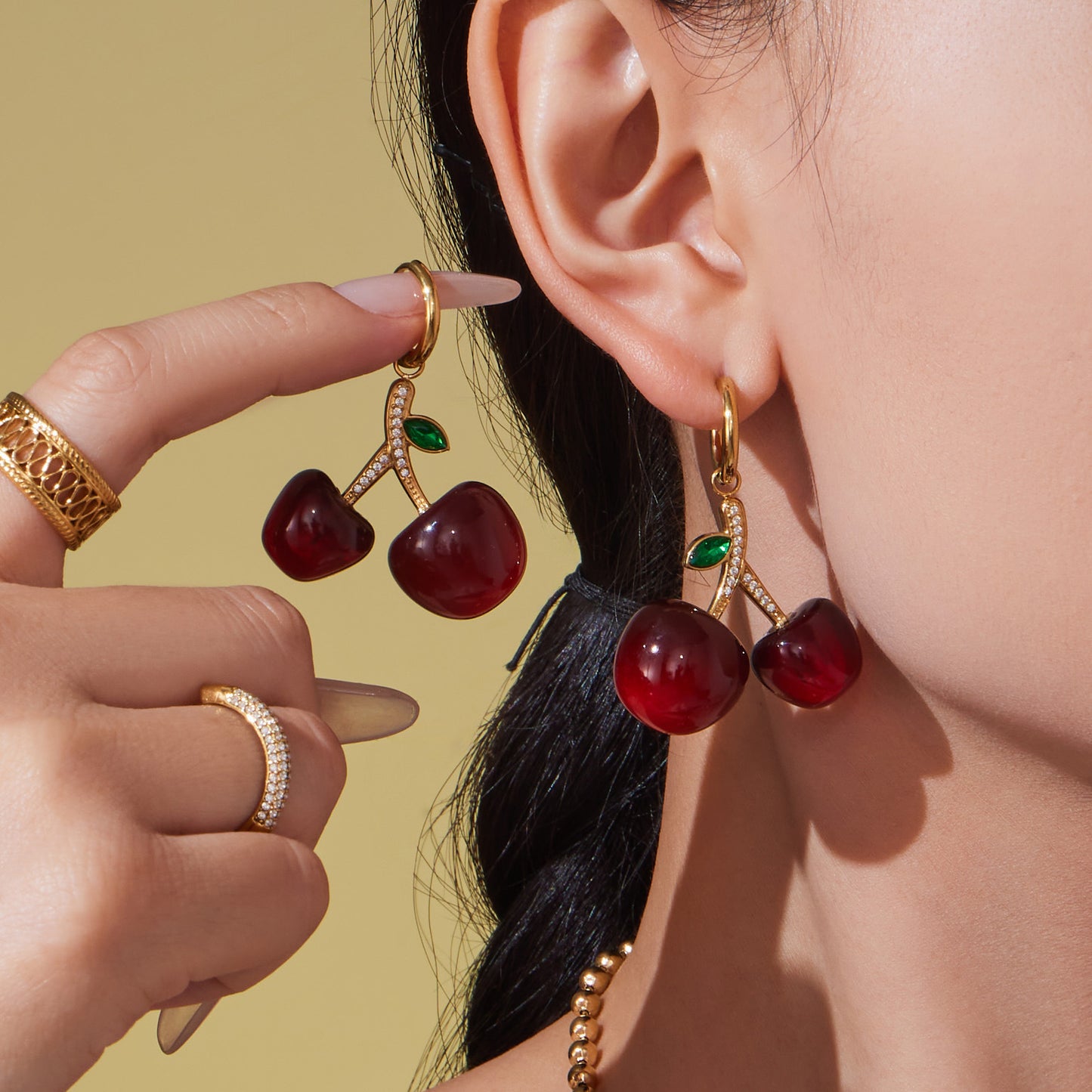 Cherry Zircon Jewelry Set | Gold & Silver Stainless Steel Necklace, Bracelet & Earrings | Trendy Red Resin Cherry Collection by WANTI Jewelry