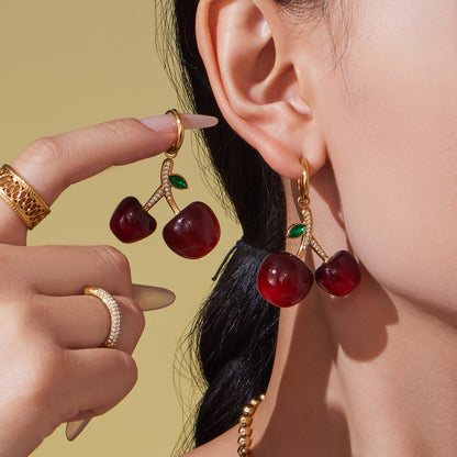 Cherry Zircon Jewelry Set | Gold & Silver Stainless Steel Necklace, Bracelet & Earrings | Trendy Red Resin Cherry Collection by WANTI Jewelry