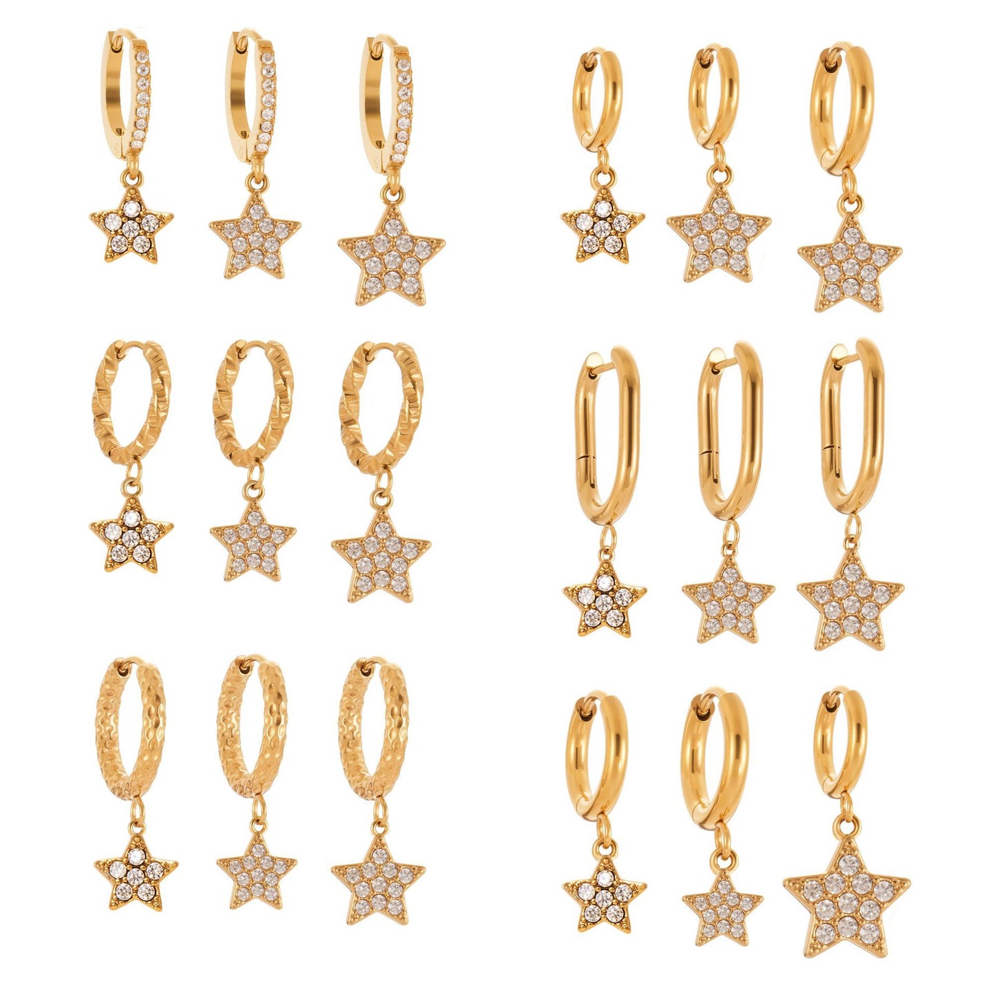 Gold Stainless Steel Five-Pointed Star Zirconia Hoop Earrings Set | Layered Star Earrings | High-Shine Statement Jewelry for Women