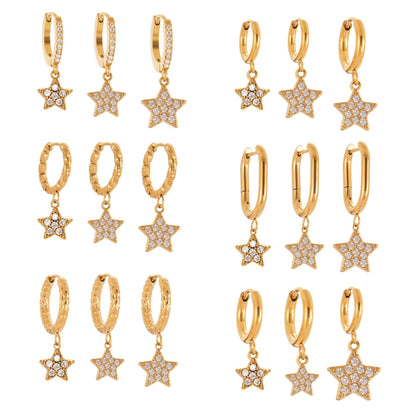 Gold Stainless Steel Five-Pointed Star Zirconia Hoop Earrings Set | Layered Star Earrings | High-Shine Statement Jewelry for Women