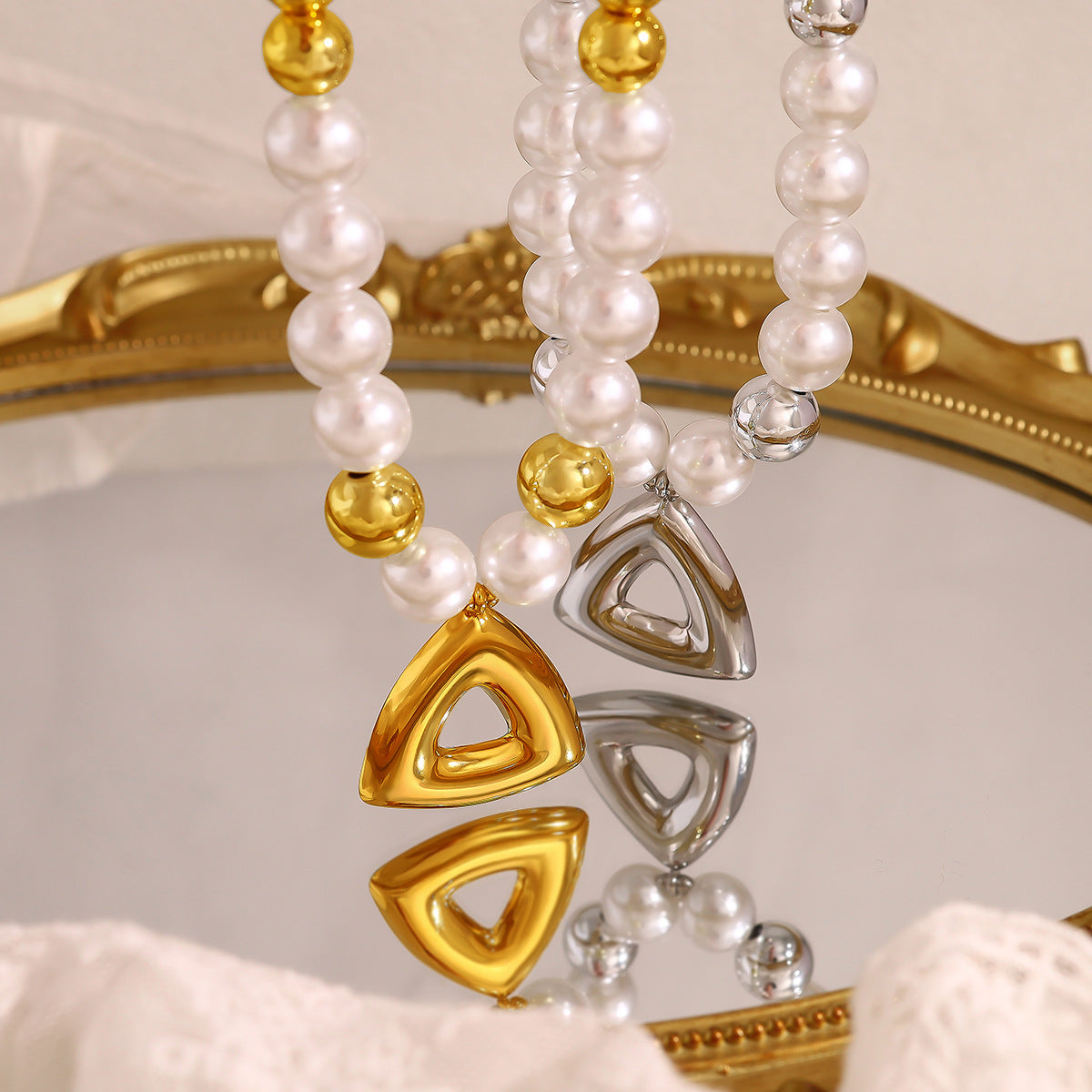 Vintage Pearl Beaded Hollow Triangle Pendant Necklace | 18K Gold & Silver Stainless Steel Elegant Jewelry for Women