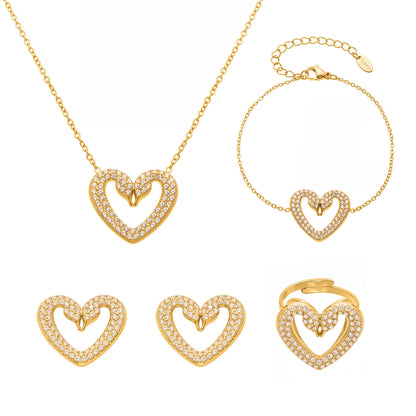 Stainless Steel Zircon Double Swan Heart Necklace, Bracelet, Ring & Earrings Jewelry Set