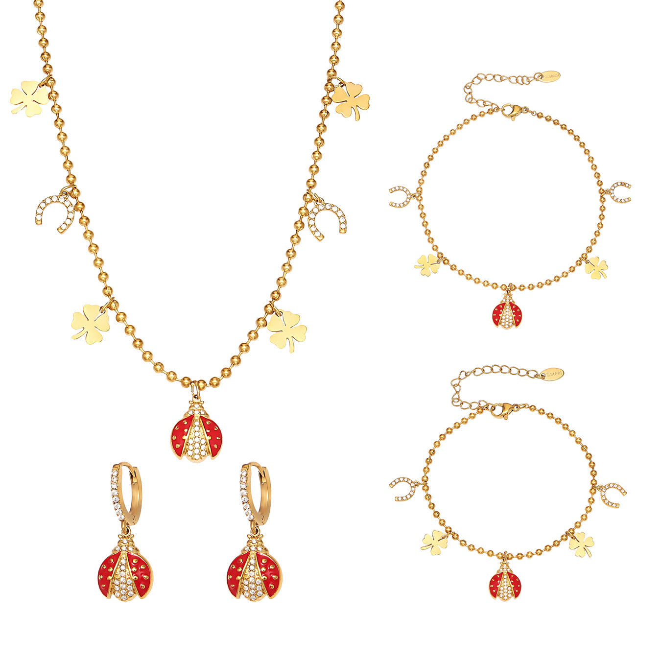 Ladybug Pendant Necklace & Earrings Bracelet Anklet Set – Stainless Steel Cute Lucky Beetle Jewelry