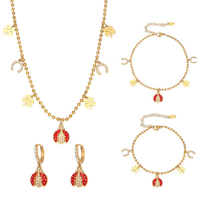 Ladybug Pendant Necklace & Earrings Bracelet Anklet Set – Stainless Steel Cute Lucky Beetle Jewelry