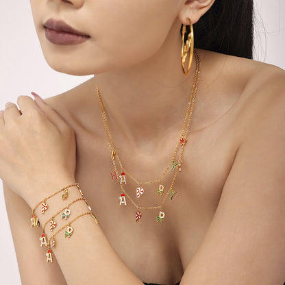 Gold Stainless Steel “HAPPY” Christmas Necklace, Bracelet & Earrings Set | Festive Gift Jewelry for Women