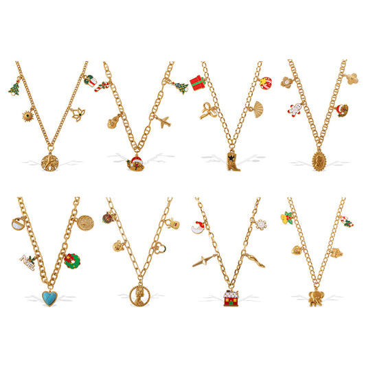 Halloween Christmas Gold Plated Stainless Steel Necklace - Heart Tree Tassel Pendant - Drip Oil Design - Minimalist Fashion Jewelry for Women