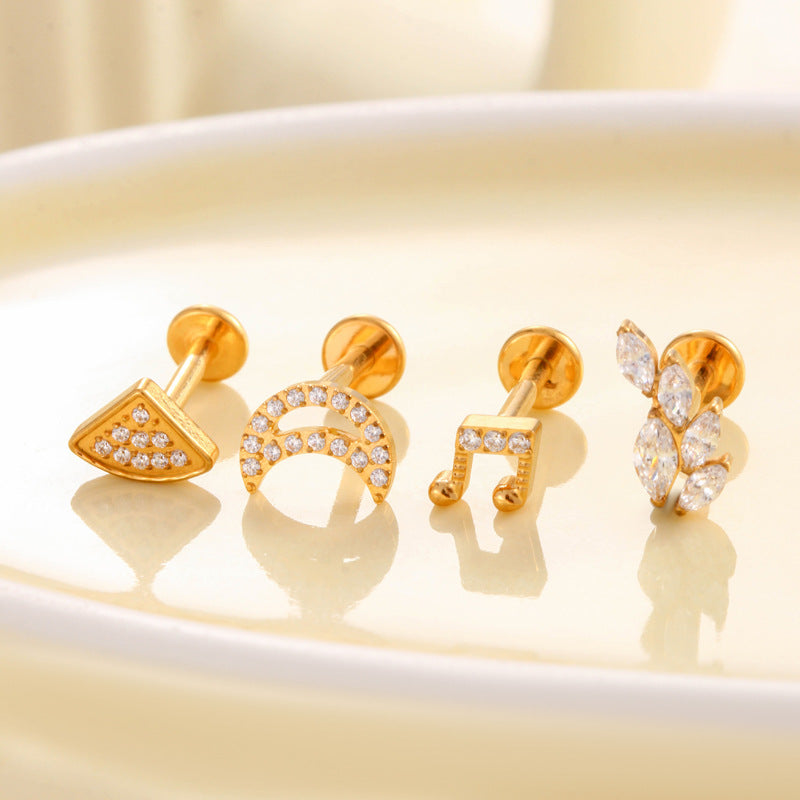 F136 Titanium Internally Threaded CZ Ear Stud – Music Note, Fan, Moon & Cluster Designs | Lip Labret Cartilage Piercing Jewelry