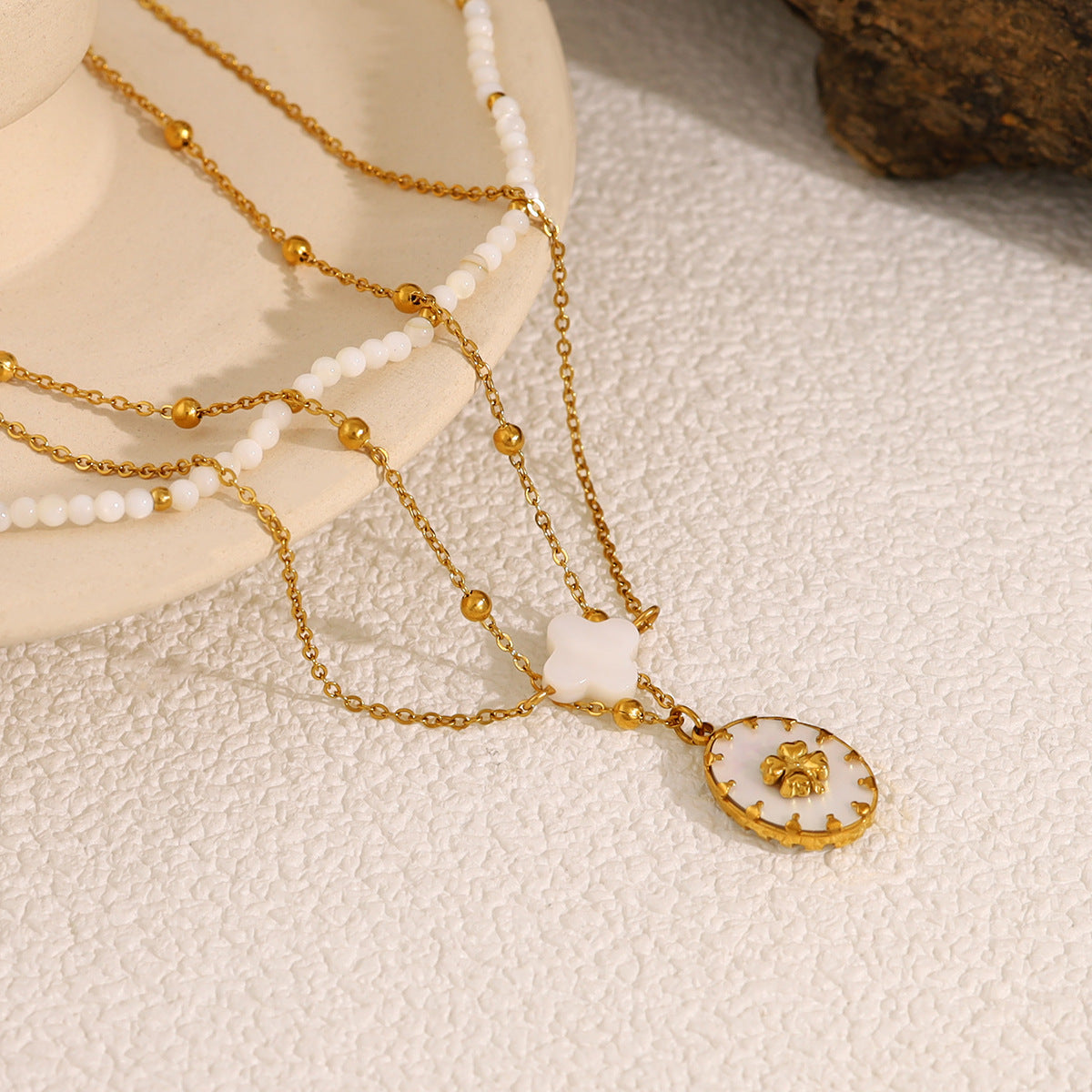 18K Gold Plated Titanium Steel Oval Flower Pendant Double Layer Beaded Necklace | Elegant Fashion Jewelry Set