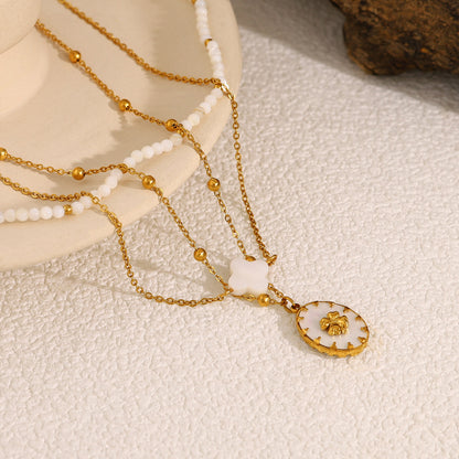 18K Gold Plated Titanium Steel Oval Flower Pendant Double Layer Beaded Necklace | Elegant Fashion Jewelry Set