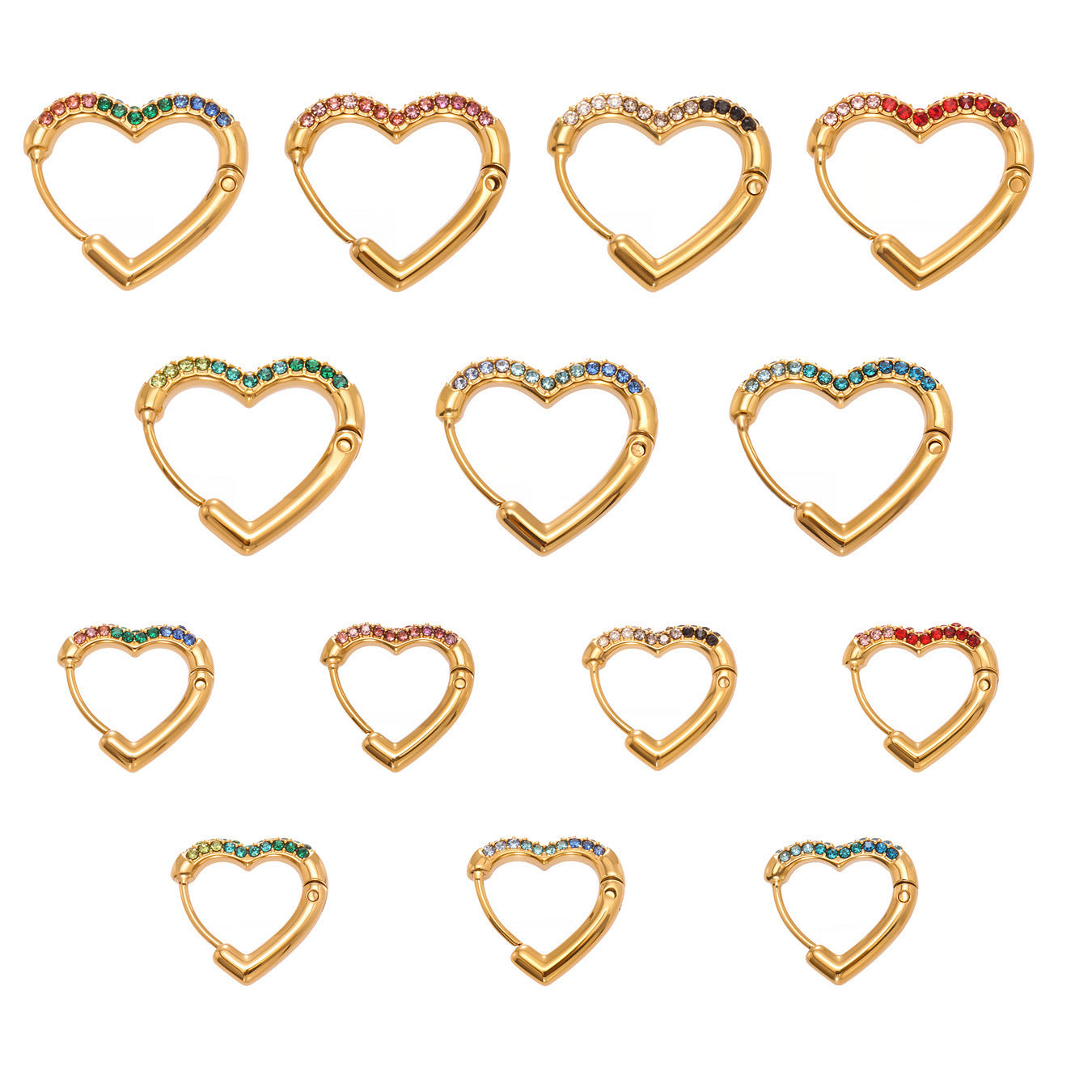 Colorful Cubic Zirconia Heart Hoop Earrings Set | Stainless Steel Simple Chic Ear Cuff for Women