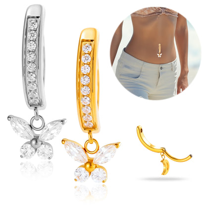 G23/F136 Titanium Butterfly Dangle Navel Ring with Zircon — Hypoallergenic Belly Button Piercing Jewelry in Gold & Silver
