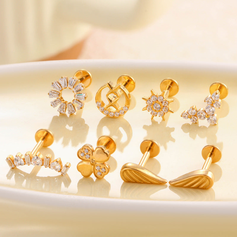 F136 Titanium Zircon-Set Lucky Clover Sunflower Waterdrop Cartilage Piercing – Trendy and Versatile Lip & Ear Piercing Jewelry