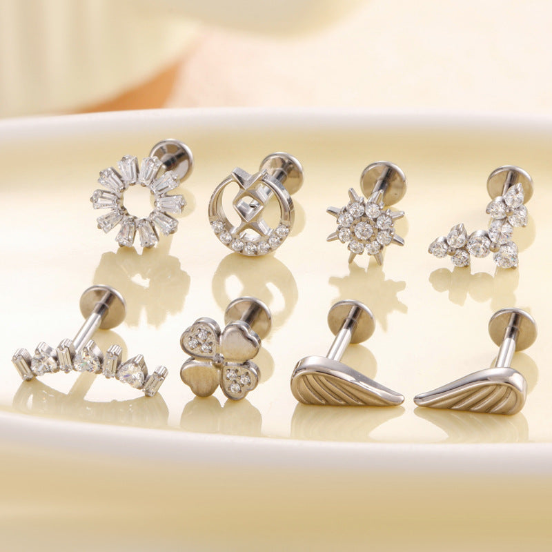 F136 Titanium Zircon-Set Lucky Clover Sunflower Waterdrop Cartilage Piercing – Trendy and Versatile Lip & Ear Piercing Jewelry