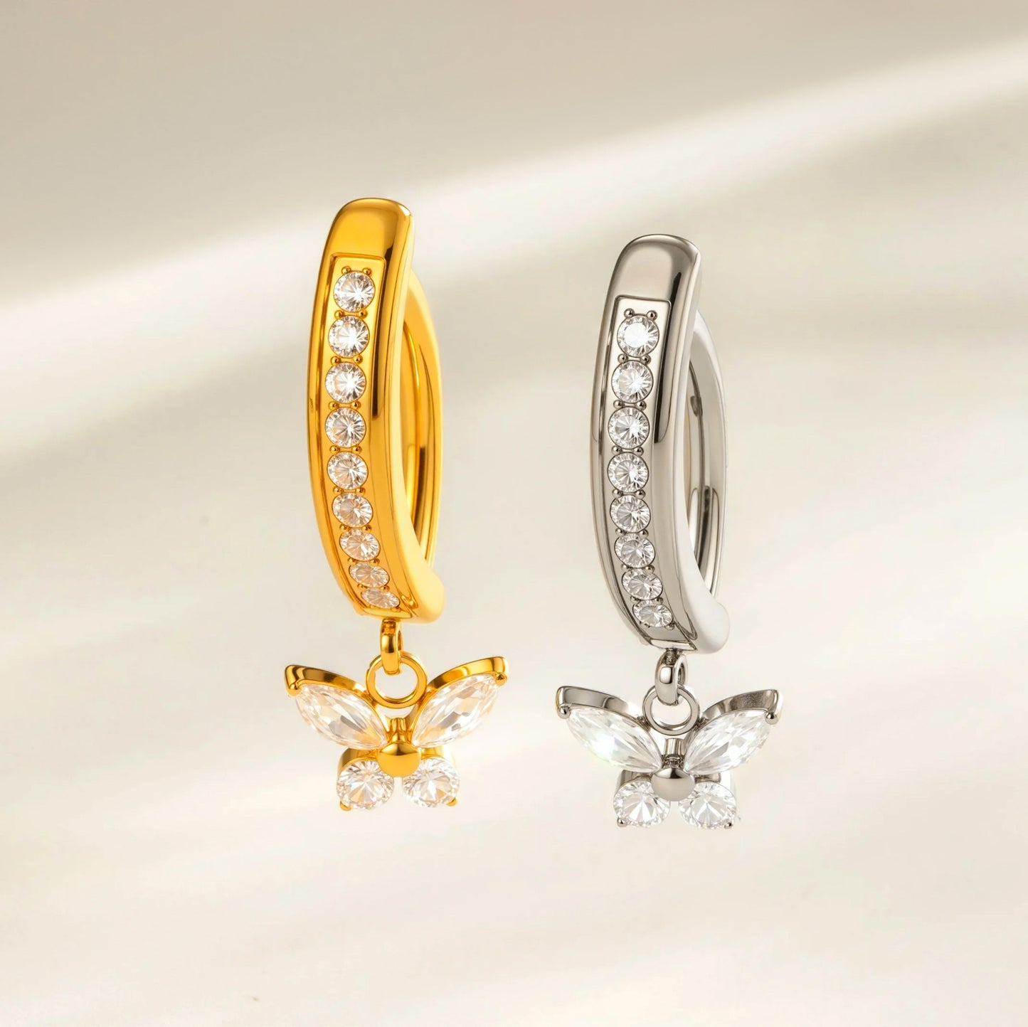 G23/F136 Titanium Butterfly Dangle Navel Ring with Zircon — Hypoallergenic Belly Button Piercing Jewelry in Gold & Silver