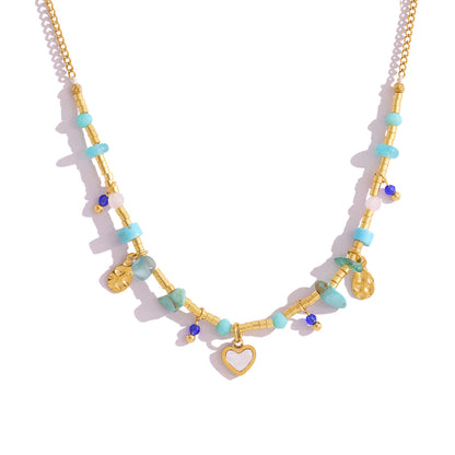 18K Gold Plated Titanium Steel Ocean Style Heart Pendant Necklace with Turquoise