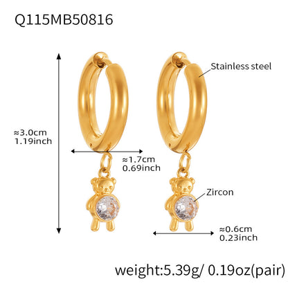 Trendy Stainless Steel Zircon Pendant Hoop Earrings Set – Creative Human & Animal Shapes, Gold Plated Fashion Jewelry