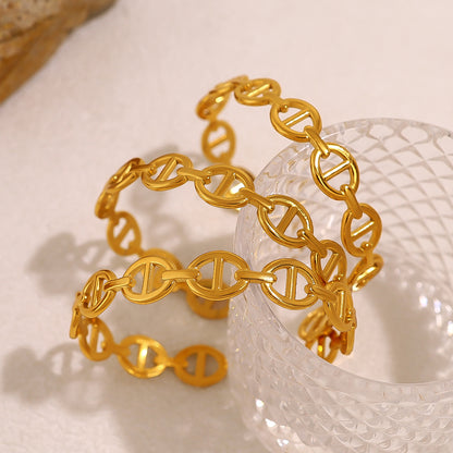 18K Gold Plated Stainless Steel Hollow Open Bangle Bracelet – Modern Geometric Statement Jewelry