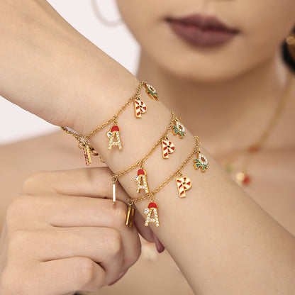 Gold Stainless Steel “HAPPY” Christmas Necklace, Bracelet & Earrings Set | Festive Gift Jewelry for Women