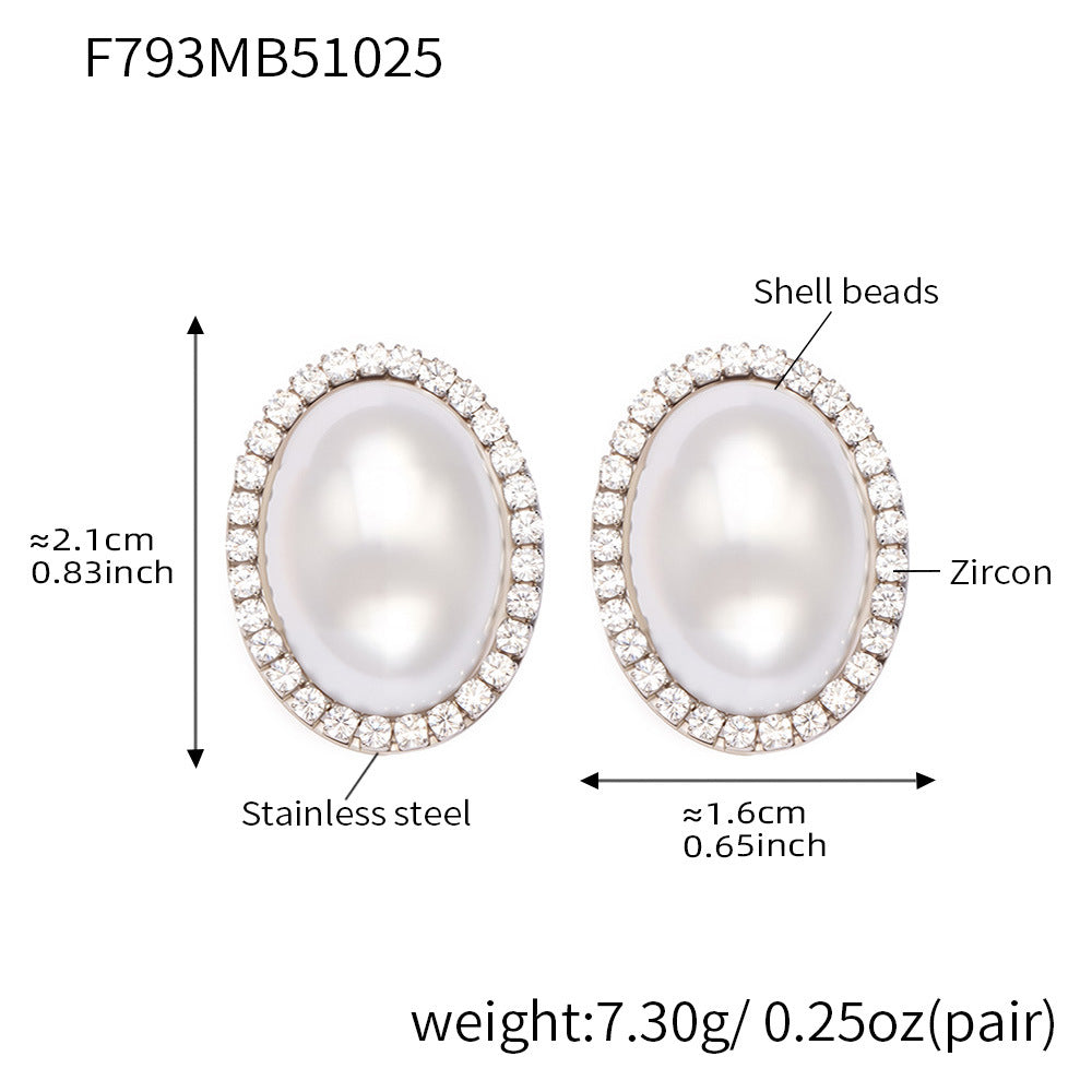Stainless Steel Oval Pearl Zircon Earrings – Elegant Minimalist Drop Earrings for Women | High-End Fashion Jewelry